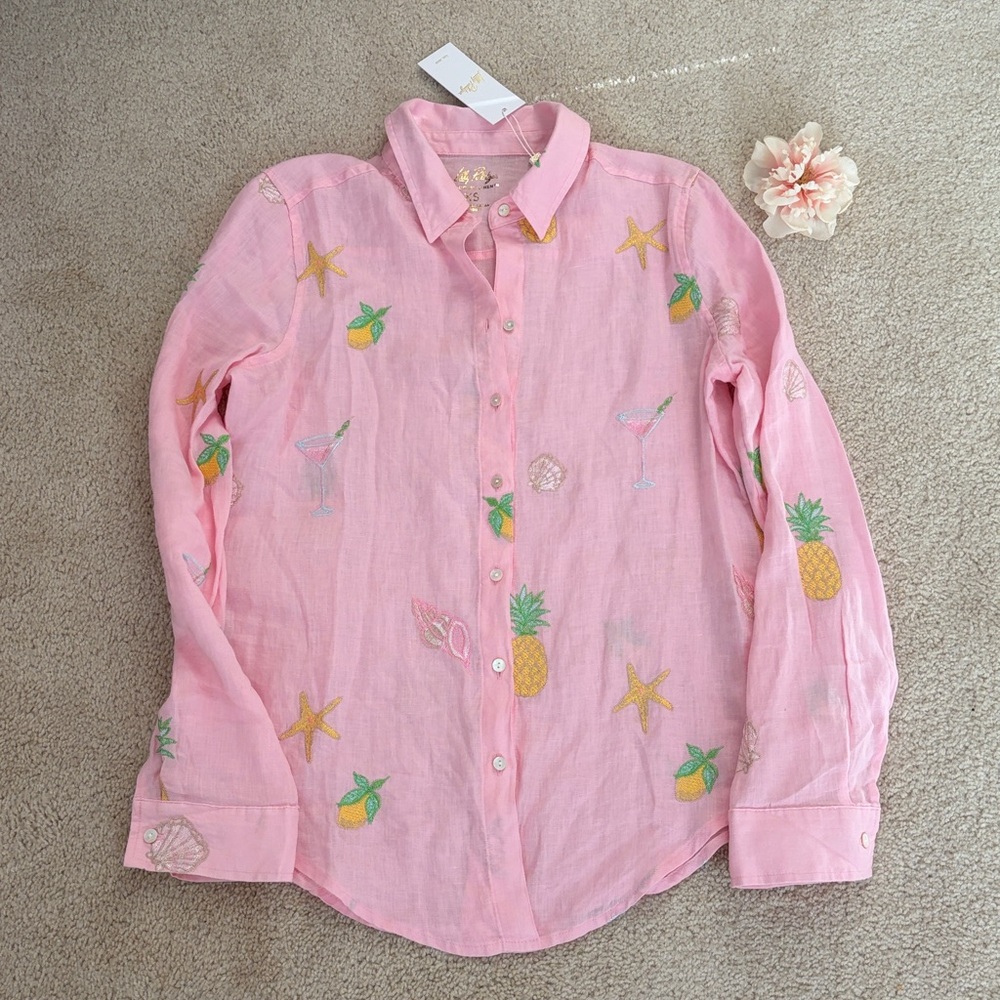 Lilly Pulitzer pink linen embrodiered shirt, XS, NWT